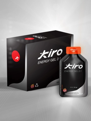 Imagen de un gel de alto rendimiento deportivo marca Kiro y sabor Naranja Lima sin aminoácidos ni cafeína y su caja completa del mismo sabor. Es un producto sin tacc y listo para consumir en tus carrreras.