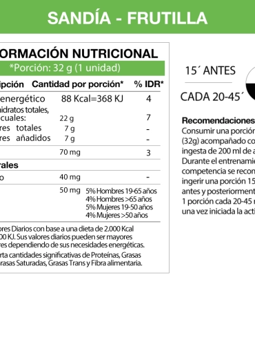 Información Nutricional del gel energético Sandía Frutilla que contiene carbohidratos, azúcares, potacio y calcio. A su vez se detalla las recomendaciones de uso.