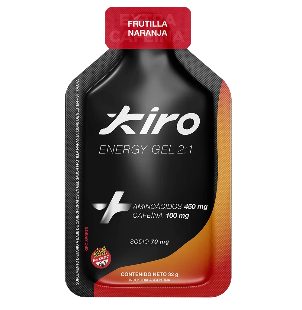 Imagen de un gel de alto rendimiento deportivo marca Kiro y sabor Frutilla Naranja con aminoácidos y extra cafeína de 100 miligramos. Es un producto sin tacc y listo para consumir en tus carrreras.