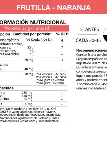 Información Nutricional del gel energético Frutilla Naranja que contiene carbohidratos, azúcares, potacio, calcio, aminoácidos y 100 miligramos de cafeína. A su vez se detalla las recomendaciones de uso.