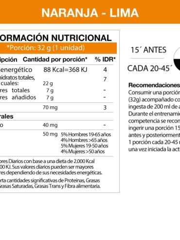Información Nutricional del gel energético Naranja Lima que contiene carbohidratos, azúcares, potacio y calcio. A su vez se detalla las recomendaciones de uso.